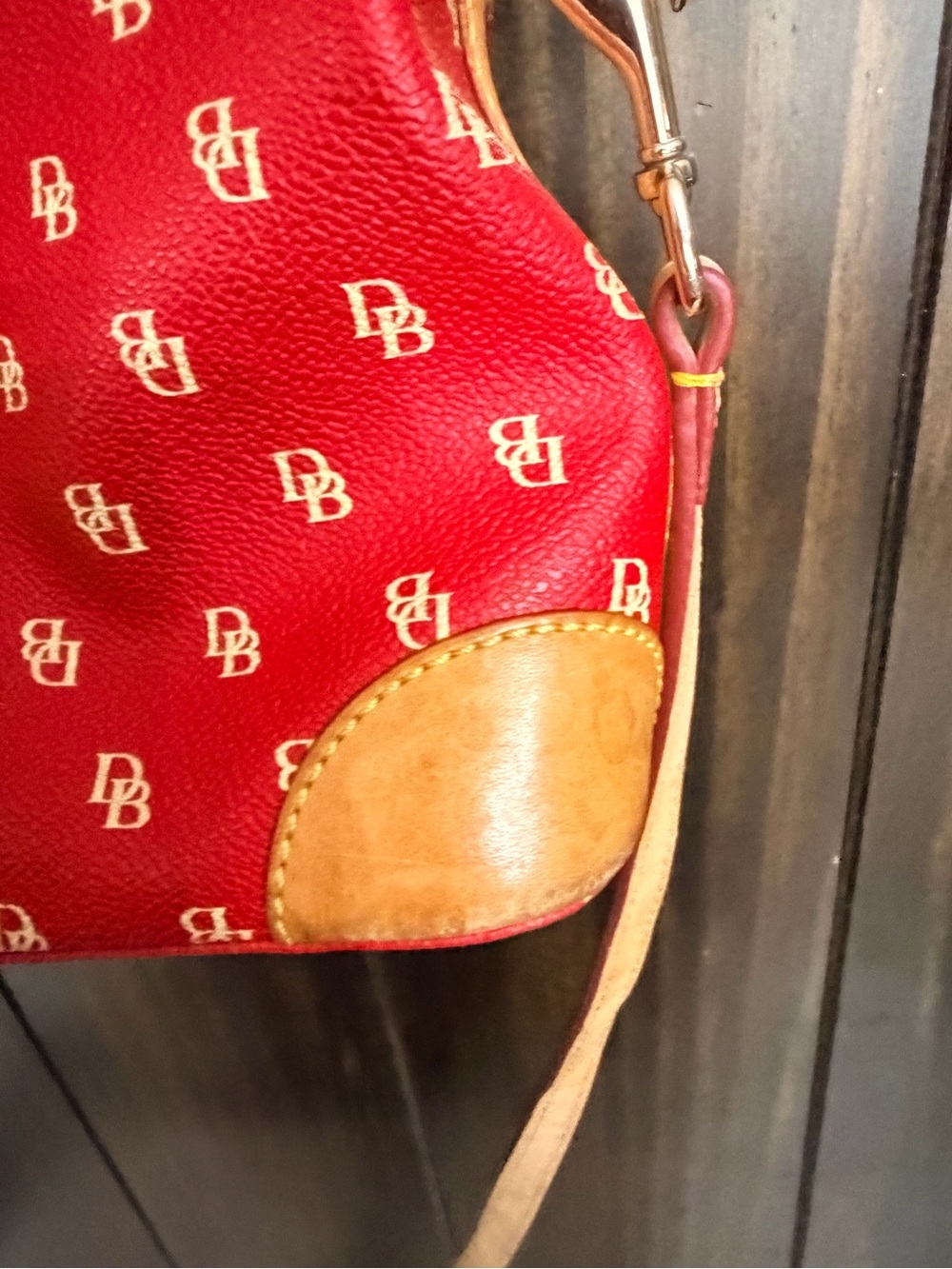 Dooney & Bourke Red Logo Canvas Shoulder Bag w/ Tan Leather Trim crossbody strap - Picture 7 of 13